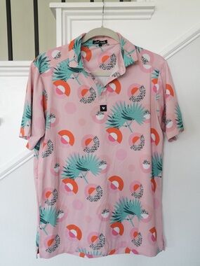 Bad Birdie Pink Tropical Golf Polo Shirt Men’s Small Retro Print